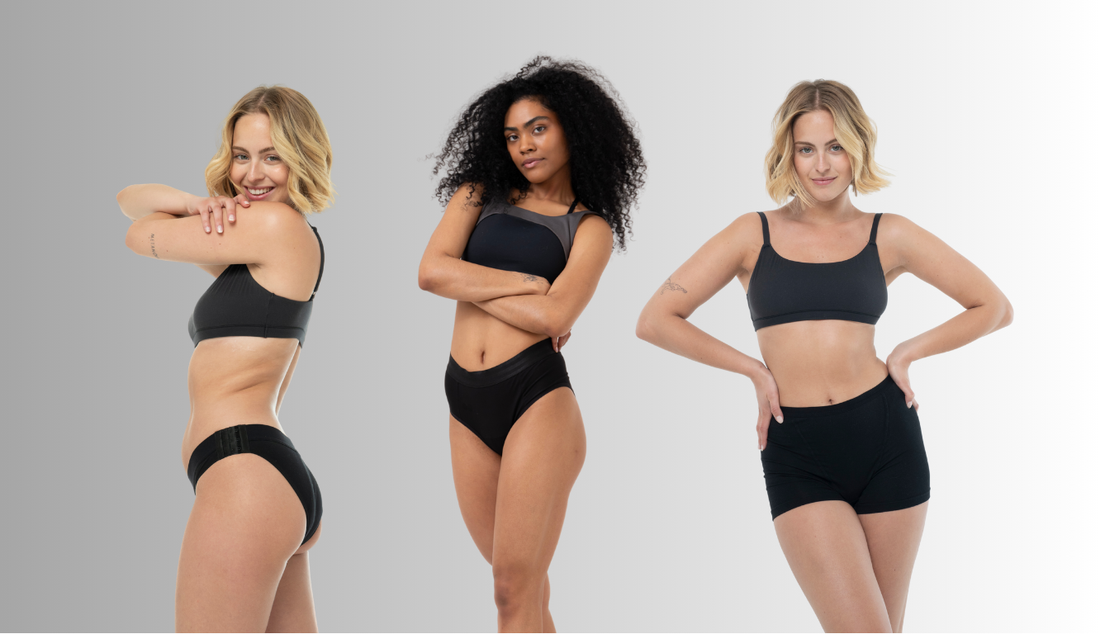 Models wearing super comfy cotton period underwear for cozy winters 