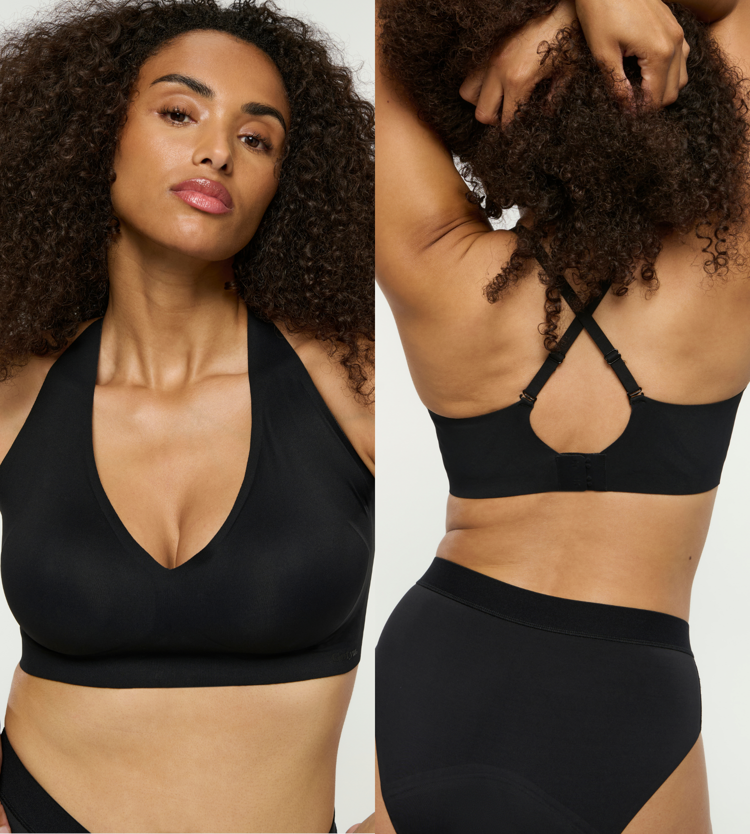 Model trägt bügellosen BH in schwarz, super bequem, von vorne und hinten, überkreuzte Träger